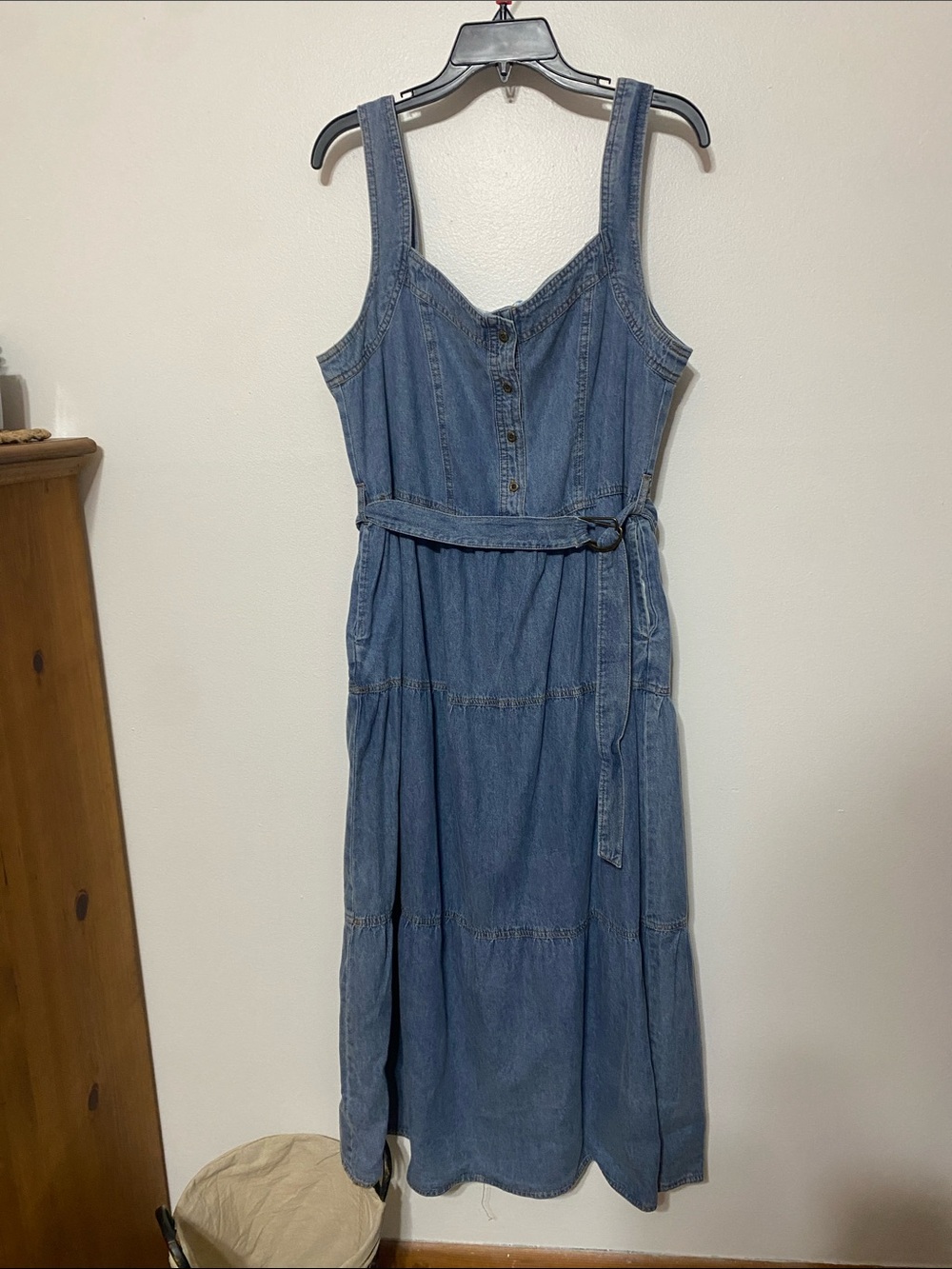 Denim Midi Dress with Belt - Blue